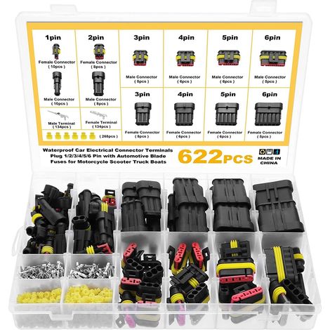 622 conectores impermeables, conectores macho/hembra de 1/2/3/4/5/6 pines para automóviles con fusibles de cuchilla para barcos, camiones, scooters y motocicletas, 23-16AWG