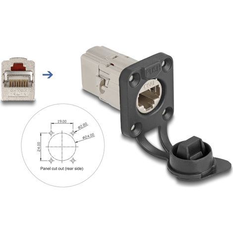 Delock Conector empotrable RJ45 tipo-D Cat.6A STP con tapa protectora IP66 resistente al polvo y al agua