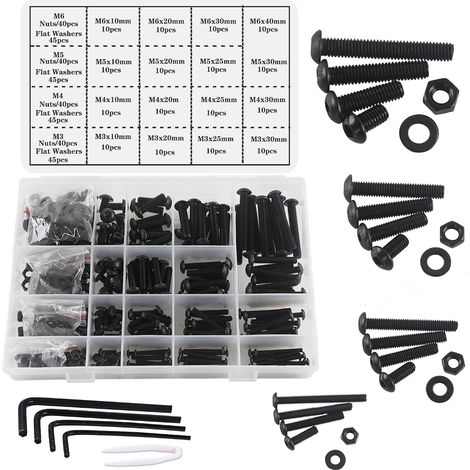 Vis Écrous et Boulons, 500pièces Noir Hex Socket Head Cap Vis et Écrous, Filetage Machine Boulons et Écrou Ensemble Outils Assortiment Kit (1/5)