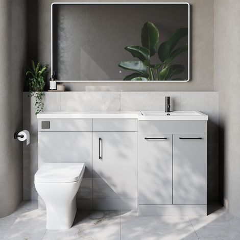 Napoli 390 Gloss Grey Pearl 1500mm 3 Door Vanity Unit Toilet Suite with Right Hand Square Lucia Basin - 1500mm - Matt Black 160mm HandleWith Kingston Toilet Pan and Seat
