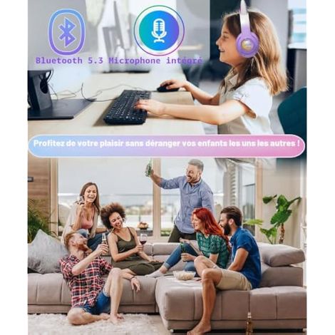 Casque Bluetooth 5.3 pour enfants, casque audio sans fil avec microphone et contrôle du volume, casque Bluetooth avec oreilles de chat et LED clignotantes, casque pliable pour iPad et smartphone. (1/4)