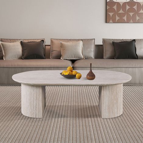 M&S – Table basse ovale 120x70x38 cm décor travertin beige – Panneaux de particules – Épaisseur plateau 2,5 cm – Prête à monter