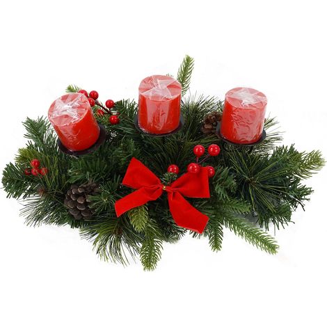 Portacandela 3 Candele con Fiocco Rosso Pigne e Bacche (1/2)