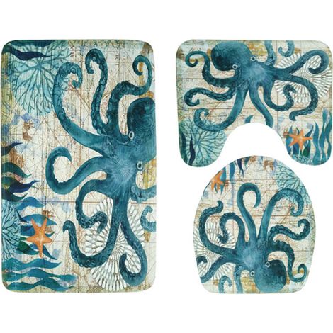 Kit de 3 tapis de toilette antidérapants pour salle de bain, motifs tortue, pieuvre, baleine et hippocampe. (1/5)