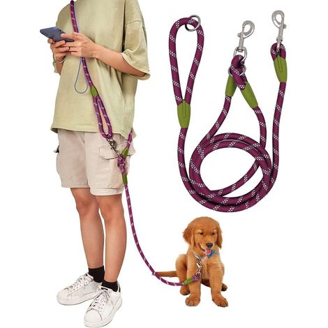 Guinzaglio per cani a mani libere, 2,3 m, in corda, riflettente, per cani di taglia grande, media e piccola, per camminare, fare jogging e correre - Violet (1/5)