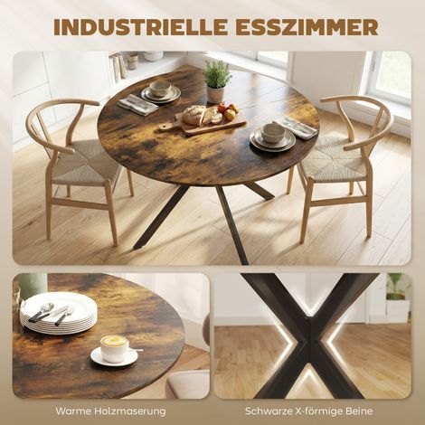 Table à manger ronde 4 personnes, design industriel, piètement acier, teinte brun rustique, parfaite pour cuisine ou salle à repas. (1/4)