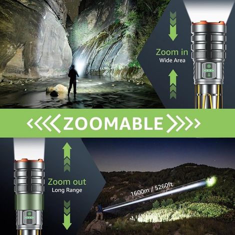 Linterna LED recargable，Ultrabrillante de 1.000.000 lúmenes，Linterna táctica con zoom y 11 modos de luz