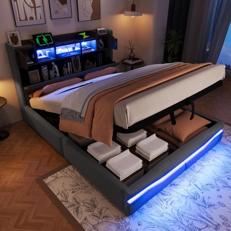 Lit rembourré, 140x200cm, avec prise de chargement USB-C, éclairage d'ambiance sous le lit, tête de lit avec compartiment de rangement, lit coffre hydraulique, sans matelas, avec éclairage LED, gris