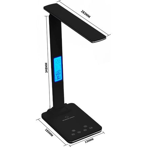 Lampe de bureau LED (noire) avec chargeur sans fil et port USB, variation tactile de l'intensité, conception respectueuse des yeux. (1/5)