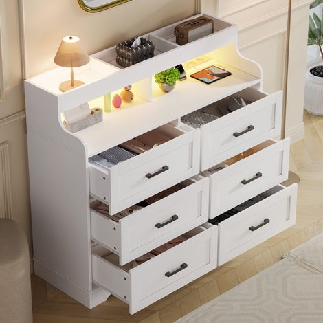 Commode Chambre Blanche 6 tiroirs en Bois, Meuble de Rangement Moderne avec éclairage LED, Commode Haute pour Chambre Salon Entrée, 110 x 40 x 99 cm (1/5)