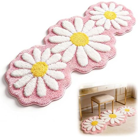 Tapis Fluffy Rose à Noeuds et Marguerites, Paillasson de Salle de Bain Antidérapant Lavable en Machine, Tapis Doux pour Chambre, Coiffeuse, Déco Chambre Fille Style Coquette (2) (1/5)