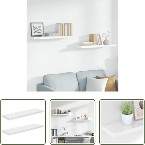 Étagère décorative - Étagère murale flottante 2 pcs Blanc brillant 90x23,5x3,8cm MDF (1/5)