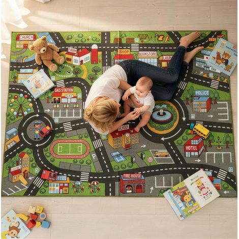 Tappeto gioco per bambini 200 x 150 x 0,5 cm antiscivolo motivo città grigio HAVRYA (1/3)