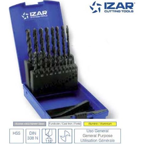 coffret 19 forets HSS DIN338N Izar de 1 à 10 mm par 0.5 mm