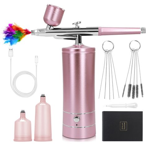 (Rose Gold) Cordless Airbrush Kit with Compressor, Portable Mini Airbrush, Rechargeable Nail Airbrush, Model Painting