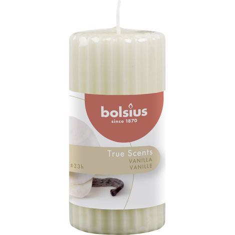 Bolsius Duft Stumpenkerze geriffelt Vanille weiß , Höhe 12 cm Duftkerzen