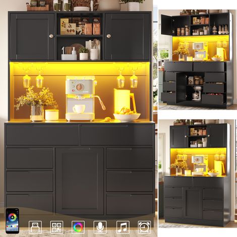Armoire haute noire avec 8 tiroirs, LED, étagères réglables et fermeture magnétique, meuble cuisine salon moderne (1/5)