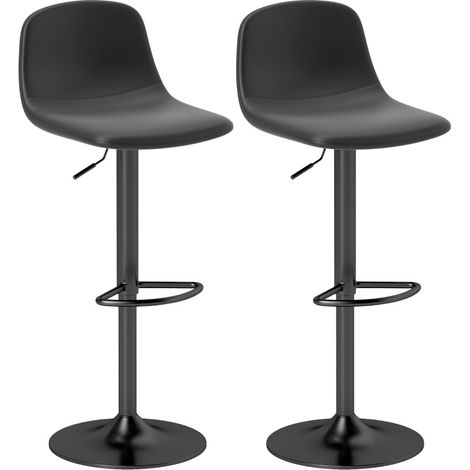 Lot de 2 tabourets de bar réglables en hauteur avec dossier et repose-pieds, assise pivotante en simili cuir noir (1/5)