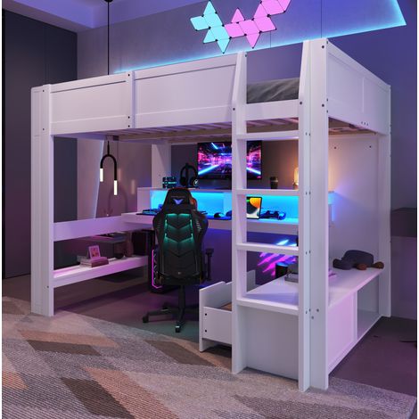 Cama alta 140x200x155 cm, con escritorio, cajones y estantes, con luces LED de 16 colores, madera de pino y MDF, blanca (1/5)