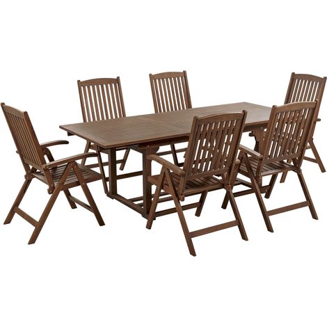 Ensemble de Jardin Rustique Table Extensible et 6 Chaises Inclinables en Bois d'Acacia Foncé Amantea (1/5)