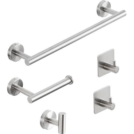 Set mit 5 Handtuchhaltern, Handtuchstangen, Toilettenpapierhaltern, Handtuchringen, Haken, Handtuchhaltern aus Edelstahl, kein Bohren erforderlich, selbstklebend