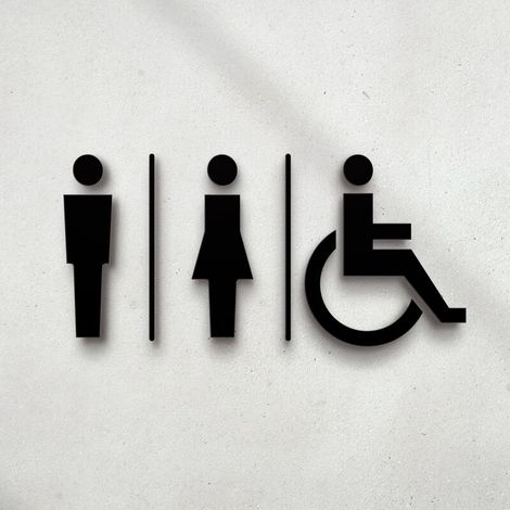 Letrero adhesivo negro en relieve para inodoro (14 x 22,5 cm). Diseño para inodoro. Letreros para inodoro para hombres, mujeres y personas con discapacidad. Adhesivos para baños. (1/3)