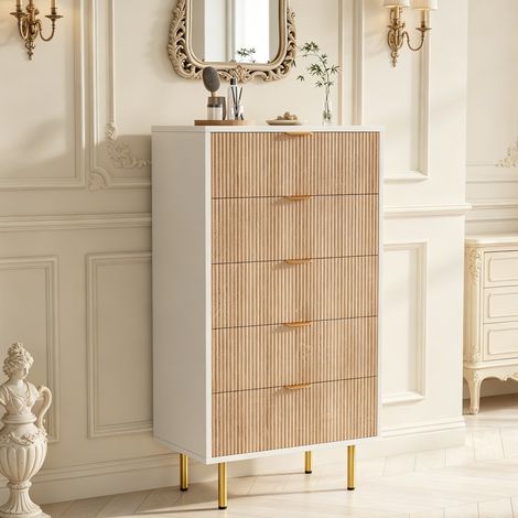 Commode à 5 tiroirs 60cm, Commode Étroite avec Grand Espace de Rangement, Armoire avec Plafond Spacieux pour Salon, Chambre à Coucher, Pieds Métal, Motif de Ligne, Blanc + Naturel