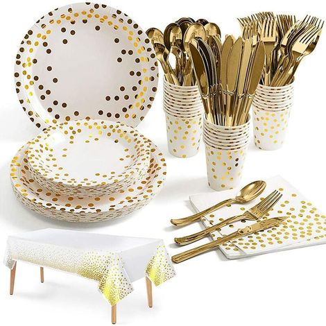 Rose et Or Lot Gobelets et Assiettes Jetables, Nappe de table Assiette Dîner Tasse Serviette Papier Goblets en Papier Pailles Fête Anniversaire Kit Rose Gold 16 Invités (Rose Gold Polka Dot) (1/5)
