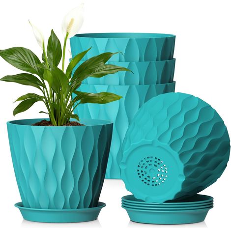17.6 cm Pot de Fleur Interieur Extérieur, Lot de 5 Pot Plante Plastique Flower Pots avec Drainage et Soucoupes, Design Ondulé 3D Moderne, pour Sansevieria, Chlorophytum, Bleu Vert (1/5)