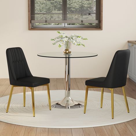 Ensemble table à manger. Table à manger moderne et minimaliste en verre de sécurité, diamètre 85 cm, avec 2 chaises de salle à manger en PU noir à pieds de soutien dorés. Convient pour la salle à mang (1/5)