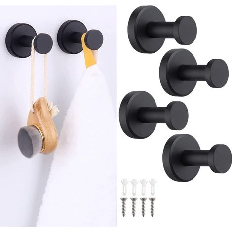 Lot de 4 crochets muraux robustes en acier inoxydable 304 noir mat (20 kg) pour salle de bain/couloir - Porte-serviettes, porte-manteau - Installation sans perçage avec cheville robuste (1/4)