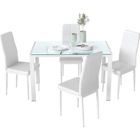 Juego de mesa y sillas Irovami para 4 personas, tablero rectangular de cristal, para cocina, salón, hogar, blanco