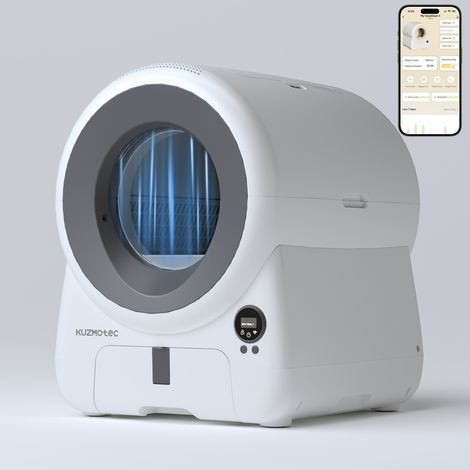 KuzmoTec Litière Chat Autonettoyante 75 L, Rideau d'air Intelligent Bloquant les Odeurs, Sécurité Quintuple, Blanc Gris (1/5)