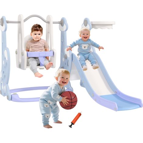 Toboggan et balançoire pour enfants 4 en 1 avec panier de basket et échelle, 147,5 x 160 x 107 cm, bleu clair