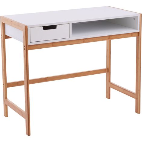 Interiors by Premier White One Drawer Desk, Computer Desk with Natural Wood Legs, Study Table Bedside Desk for Home, Office (1/5)