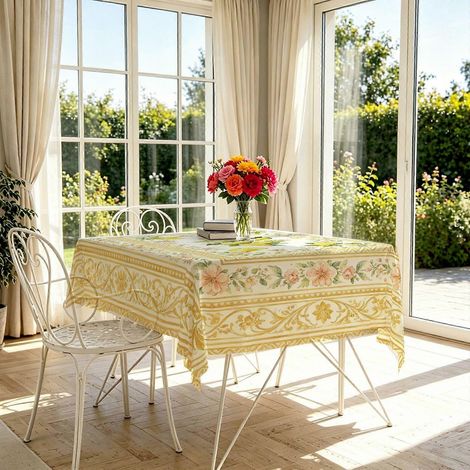 Nappe à motifs citrons sur fond jaune, ornée de détails raffinés, idéale pour les repas d'été en famille. Résistante aux taches et durable, elle est parfaite pour les fêtes. (1/4)