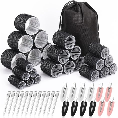 Ensemble de 24 fers à friser – 6 tailles + 24 pinces – Pour toutes les longueurs de cheveux (Noir) (1/4)
