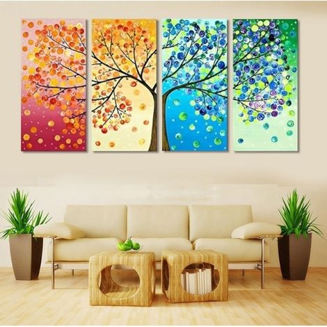 Peinture décorative moderne, design d'arbre avec quatre saisons, ensemble de 4, huile sur toile, 50x70cm (1/4)
