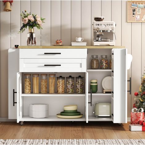 Mobiler Küchenwagen mit klappbarer Platte 120 x 45/70 x 88,4 cm aus weißem MDF und Holz (1/5)
