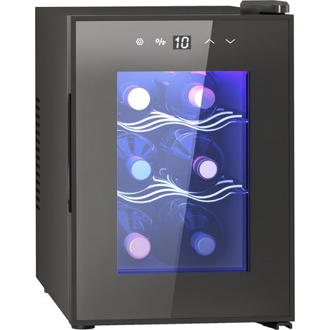 Cave à vin 6 bouteilles 17L haute performance température réglable 8-18° avec lumière LED panneau contrôle tactile noir