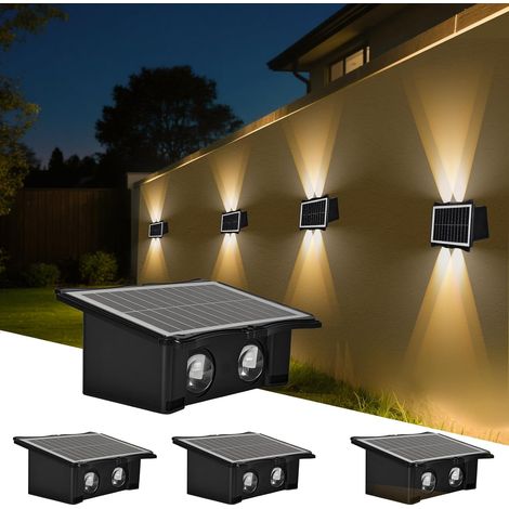 Luces solares LED de alto brillo para cercas, paquete de 4, iluminación bidireccional hacia arriba y hacia abajo, interruptor automático, impermeables, luz blanca cálida para patio y jardín. (1/5)