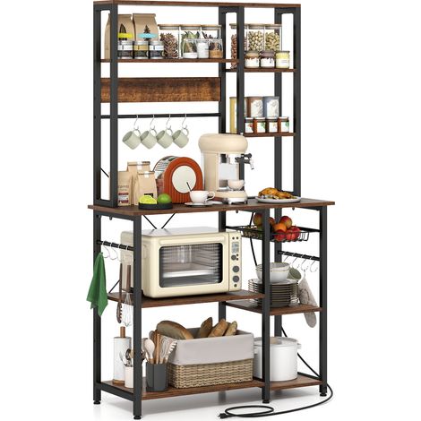 COSTWAY 9-Tier Microwave Stand Bakers Rack with Power Outlet-Brown (1/5)