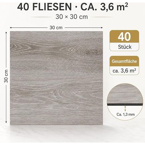 Pack of PVC Floor Tiles 30 x 30 cm – Grey Wood Effect Vinyl Coating – cm Thick – Waterproof Adhesive Floor for Kitchen, Bathroom and DIY Renovation (1/4)