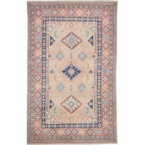 Tapis d'orient 116 x 186 cm, motif géométrique, beige, bleu et rose, en laine naturelle, artisanal noué main (1/5)