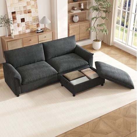 Divano modulare 216x77x82 cm in chenille grigio con pouf contenitore, per piccoli spazi – MEUBLIV (1/5)