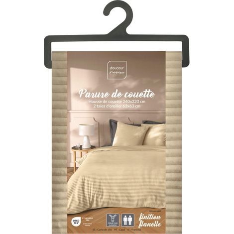 Douceur D'Intérieur – Parure de lit 3 pièces – Flanelle veloutéa ultra douce – Dimensions 240 x 220 cm – Coloris sable – Texture relief uni (1/5)