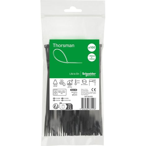 Schneider Electric Thorsman IMT46406 - Fascette per cavi, 100 pezzi, in poliammide, 150 x 3,6 mm, bordi arrotondati lisci, autobloccanti, colore nero, codice articolo IMT46406 (1/3)