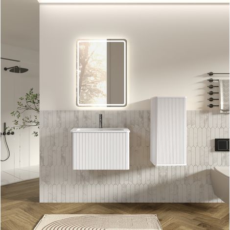 Mueble de baño moderno con espejo LED, lavabo, armario bajo y lateral, diseño minimalista, MDF, vidrio, blanco (1/5)