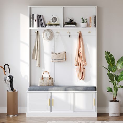 Recibidor con banco zapatero, 6 ganchos, 120 x 40 x 191 cm, blanco DESVIAE (1/5)