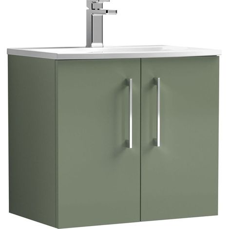 Balterley  Modern Bathroom 2 Soft Close Door Wall Hung Vanity Unit & Curved Basin, Satin Green, 600mm